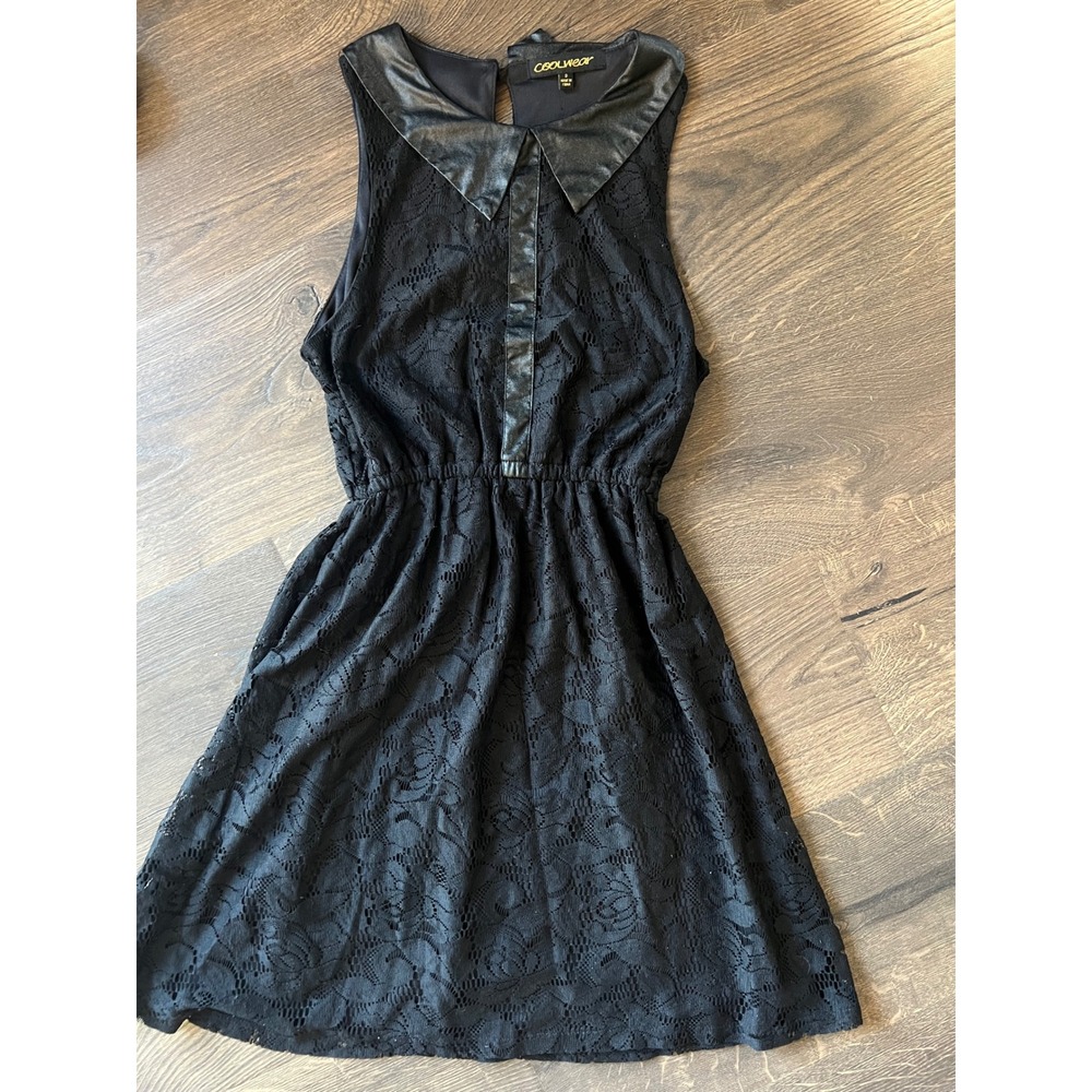 COOLWEAR Black Lace Dress Sleeveless Faux Leather‎ Collar Party Cocktail S